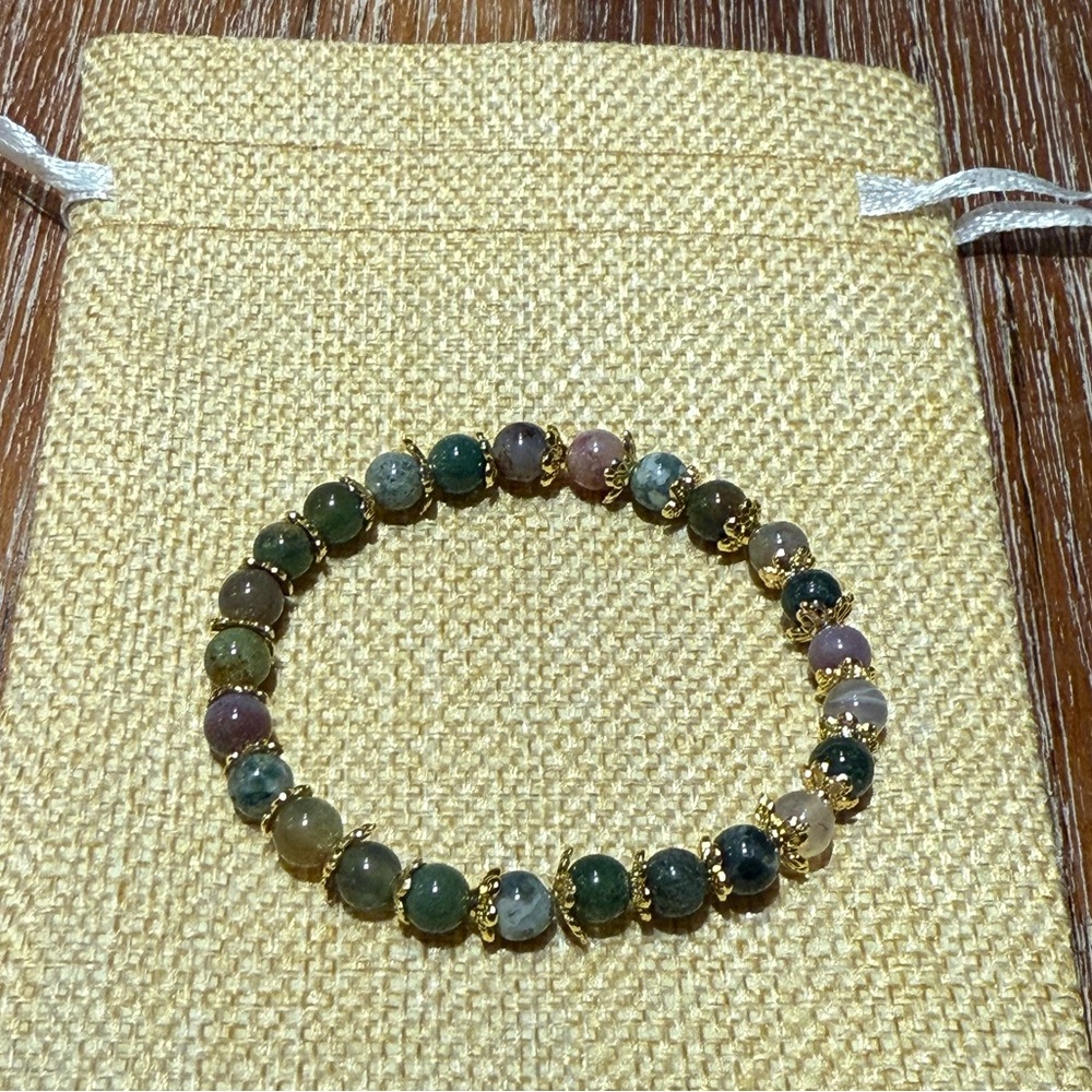 Indian Agate Gemstones with 14k Gold Played Flower Accent Beaded Bracelet